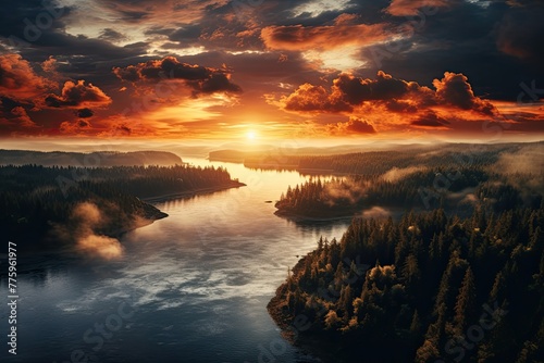  Landscape of Russia.Beautiful sunset over the river. Generative AI Art. Wonderful view.
