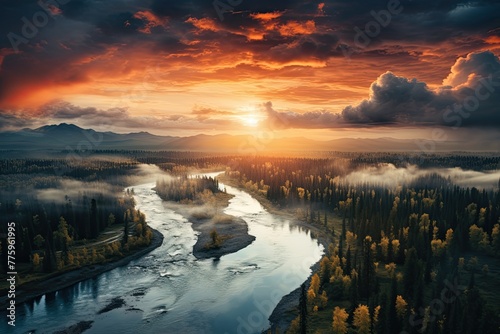  Landscape of Russia.Beautiful sunset over the river. Generative AI Art. Wonderful view.