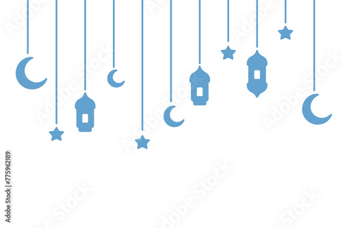 Blue garland for Ramadan. Crescent, star, lantern and Moroccan candlesticks. Color vector illustration. Outline on isolated background. Festive curtains on threads of different lengths. Doodle style. 