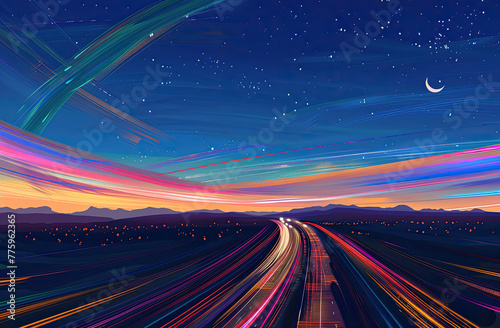 road with power lines, rainbow light streaks coming from them in the sky, crescent moon in background