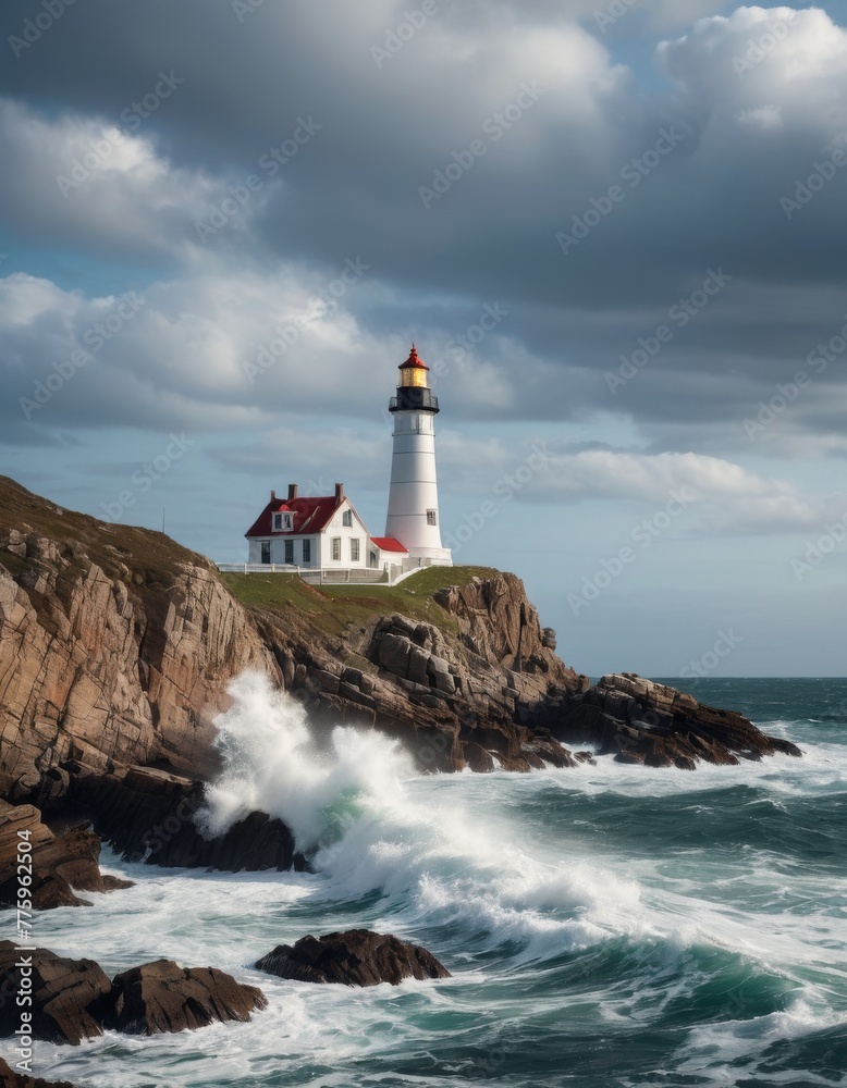 A serene lighthouse stands tall on rugged cliffs as powerful waves crash against the shore, under the watchful gaze of a tumultuous sky