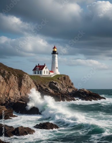 A serene lighthouse stands tall on rugged cliffs as powerful waves crash against the shore, under the watchful gaze of a tumultuous sky
