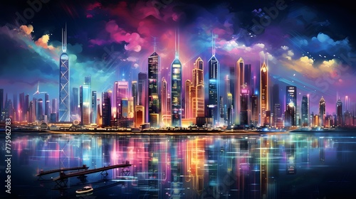 Dubai skyline at night, United Arab Emirates. Panorama.
