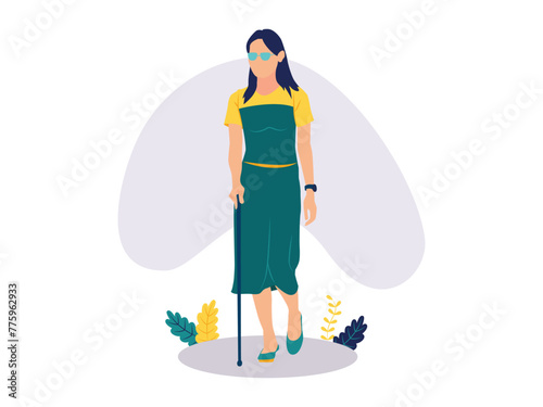 Blind woman walking with cane