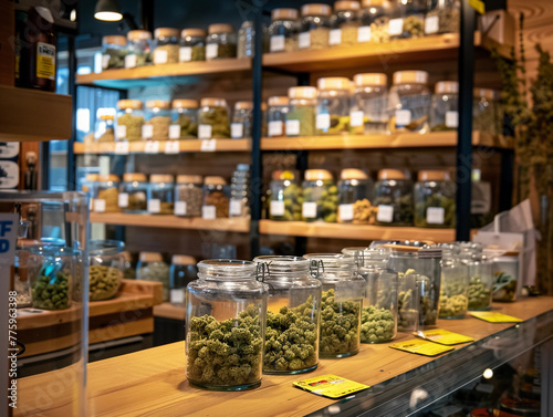 The cannabis store.marijuana on the store counter. marijuana legalization. CBD 