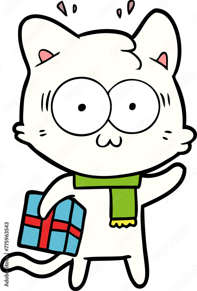 cartoon surprised cat with christmas present cartoon surprised cat with christmas present