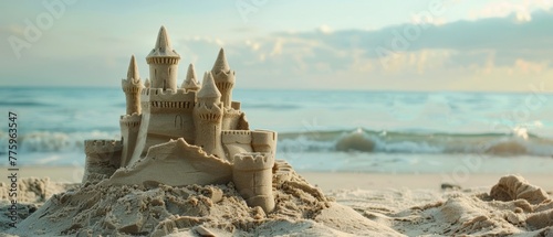 A panoramic view showcases a grandiose sandcastle with multiple towers, the sunset in the background lending a captivating glow to the intricate design on the shore.