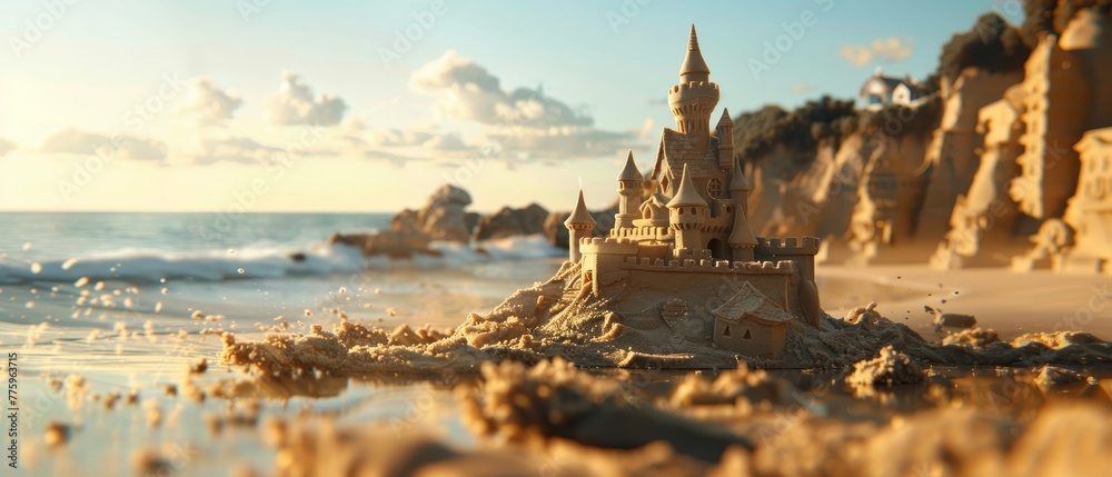 A majestic sandcastle with elegant towers stands on the beach, its details highlighted by the golden rays of a setting sun against a backdrop of gentle waves.