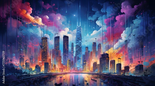 Cityscape at night with neon lights. Panoramic illustration.