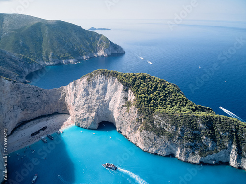 Greece ionian island Zakynthos. Navagio beach bay and cliffs aerial landscape