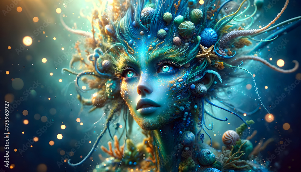 A highly detailed and enchanting portrait of a fantastical creature that combines features of a human with aquatic elements