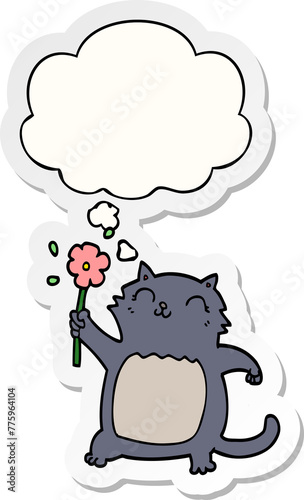 cartoon cat with flower with thought bubble as a printed sticker