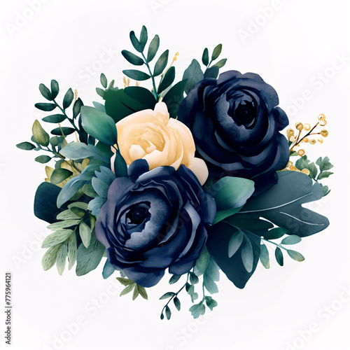 A bouquet of dark and light roses surrounded by lush green leaves and golden accents. photo