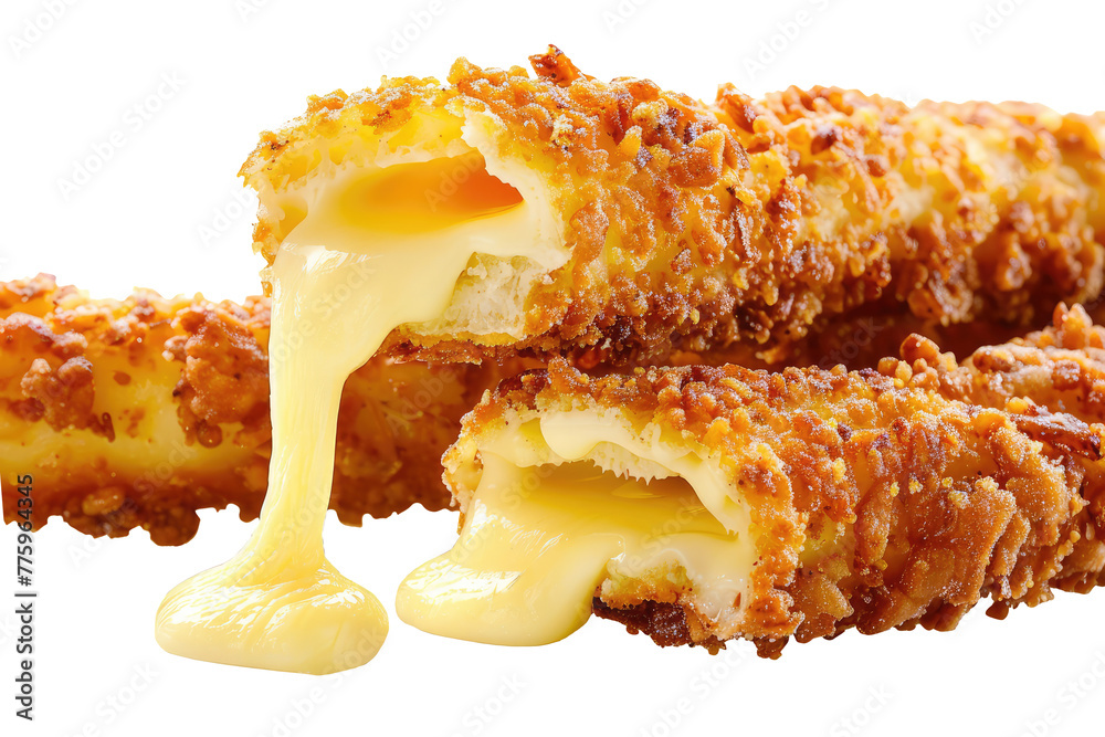 Many Crispy breaded fried cheese sticks, liquid hot cheese dripping out the inside, png, isolated on transparent background, clipart, cutout. - obrazy, fototapety, plakaty 