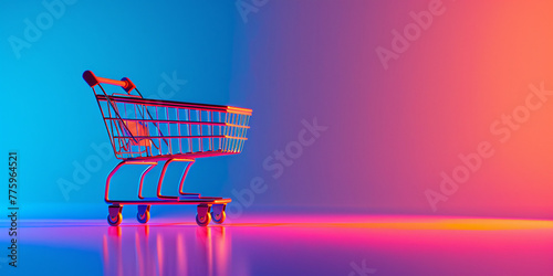 A shopping cart is illuminated by vibrant blue and pink lights, casting colorful shadows photo