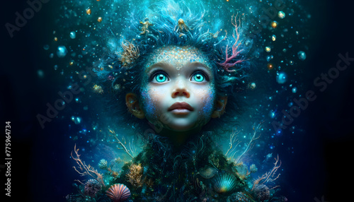 A fantasy of a child-like figure with ocean-themed features. The character has skin adorned with textures resembling coral and sea life
