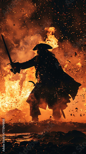 A silhouette of a pirate amidst an intense, fiery explosion, sword in hand photo