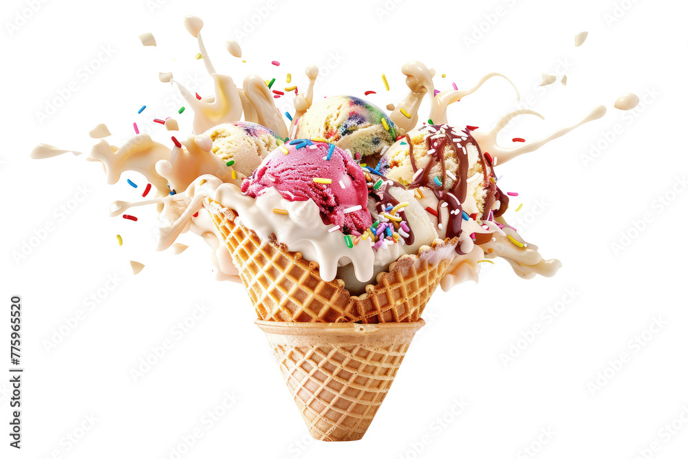 Exploding dairy ice cream scoops in a waffle cone png, isolated on ...