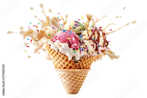 Exploding dairy ice cream scoops in a waffle cone png, isolated on transparent background, clipart, cutout. © dinastya