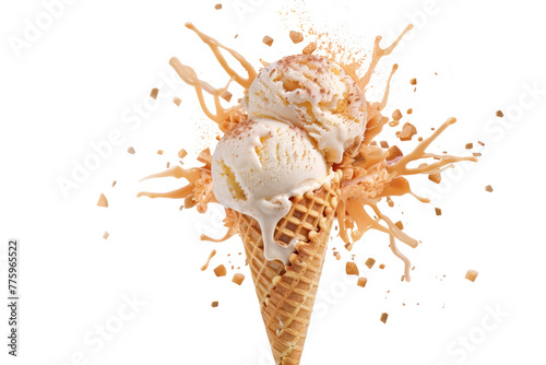 Exploding dairy ice cream in a waffle cone png, isolated on transparent background, clipart, cutout.