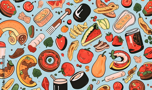 flat Hand drawn abstract pattern with foods