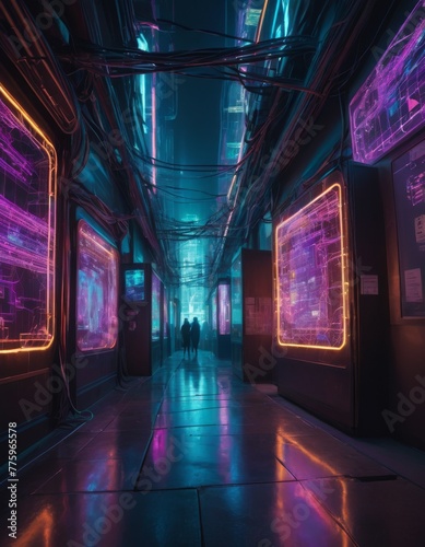 A futuristic corridor lined with neon-lit diagrams, creating an immersive atmosphere of a high-tech environment, with figures in the distance.