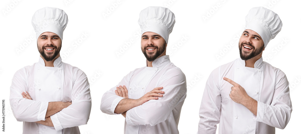 Chef in uniform on white background, set with photos Chef in uniform on white background, set with photos
