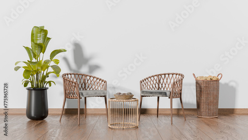 a living room with a plant and a chair