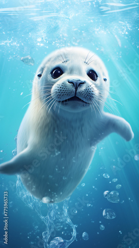A cute seal swims underwater, surrounded by bubbles, gazing at the camera. photo