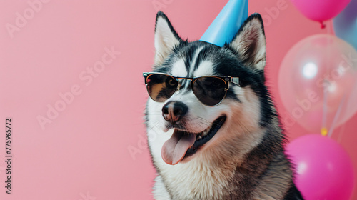 Cheerful husky in sunglasses and a party hat, surrounded by balloons against a pink background photo