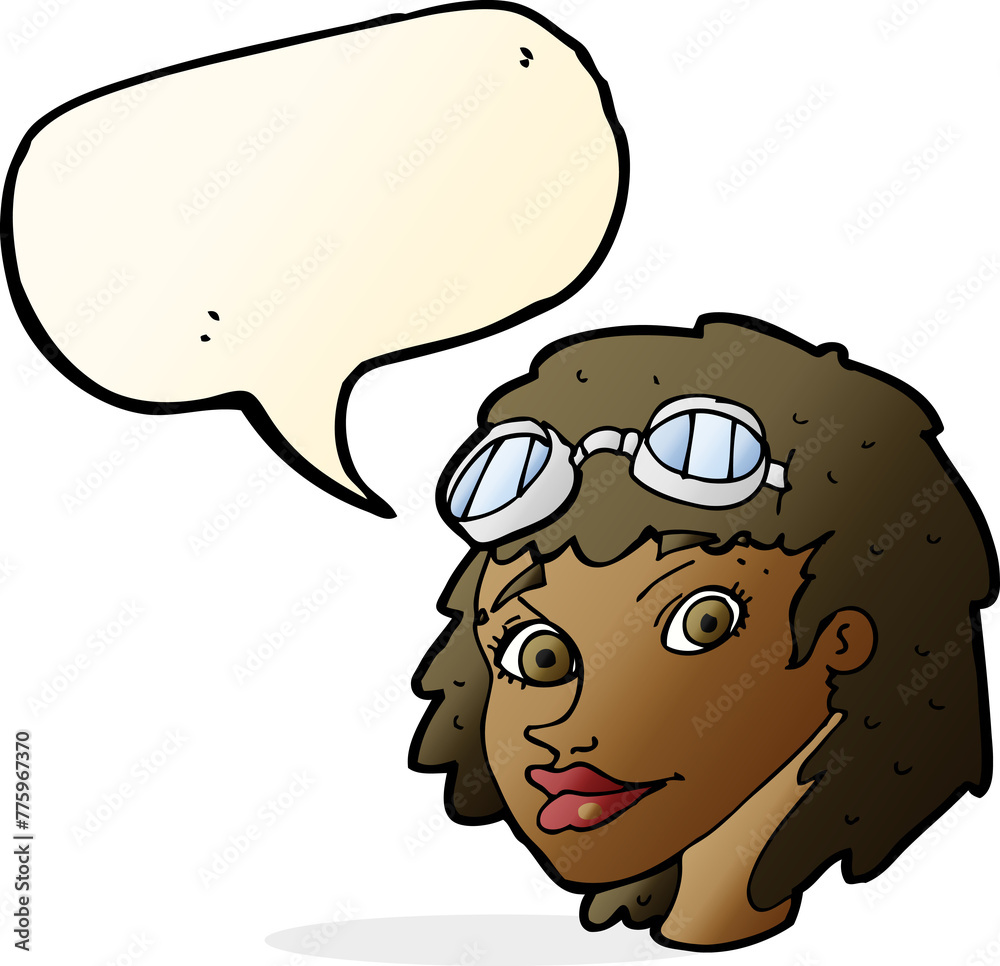 cartoon happy woman wearing aviator goggles with speech bubble cartoon happy woman wearing aviator goggles with speech bubble