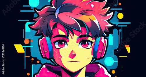 logo of cute anime lofi boy like lofi boy with pop art design, neon colours, 80's style retro, vector illustration