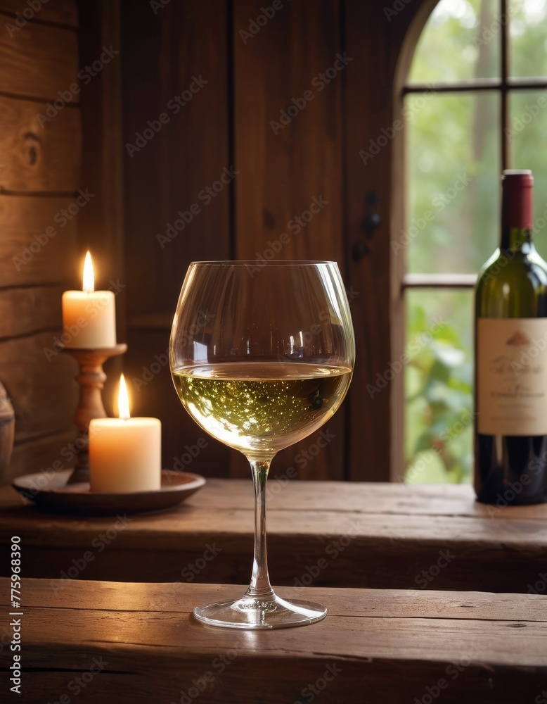 A crystal glass of white wine glimmers beside lit candles, with a wine bottle in the background, creating a warm, rustic ambiance