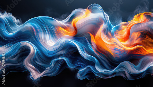 Abstract fluid art background with swirling colors and patterns in blue, orange, white, and black. Created with Ai 