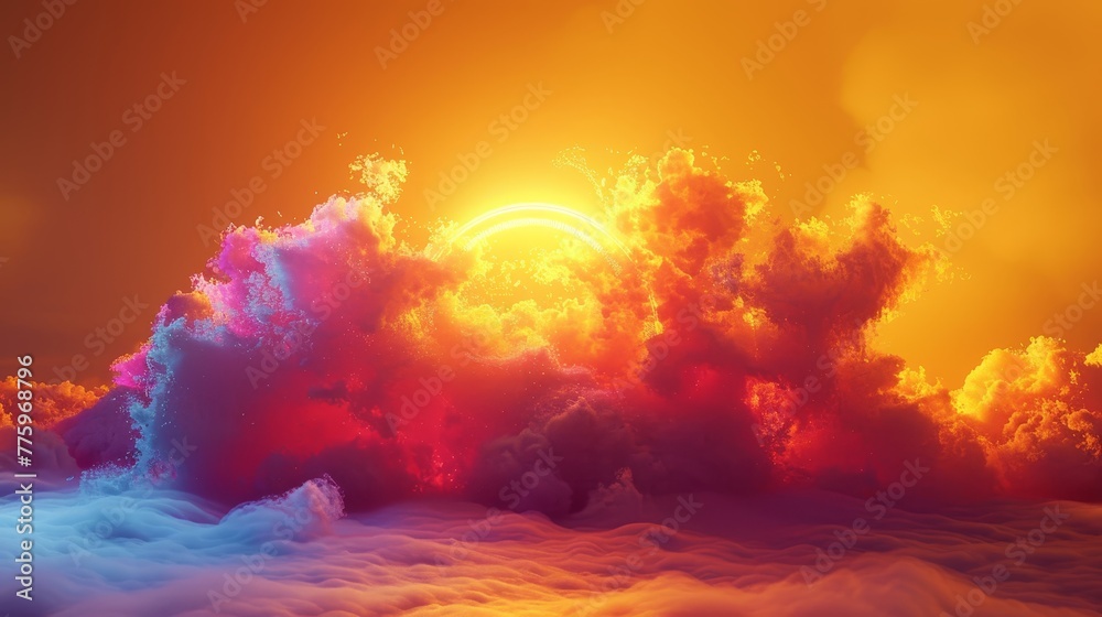 3D render of a colorful cloud with glowing neon, shaped like a sun