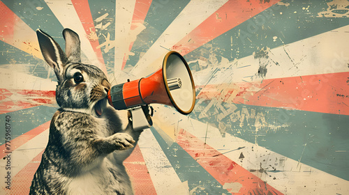 Easter bunny holding megaphone for advertisement, awareness, events on a vintage sunburst art collage background 