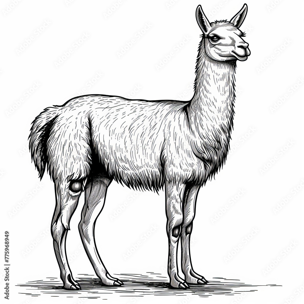 Naklejka premium A detailed black and white illustration of a single llama standing with a calm expression.