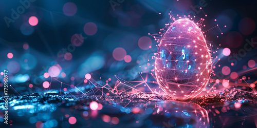 A glowing egg-shaped 3D model with intricate networks of lines and dots in a digital atmosphere. photo