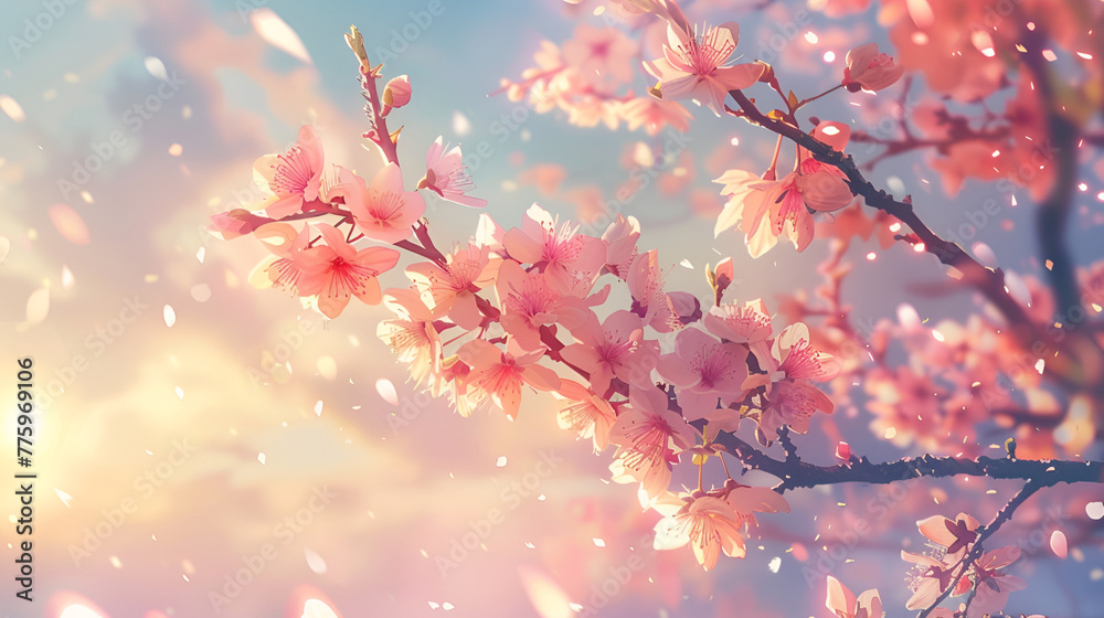 A pink cherry blossom tree shedding petals in a beautiful natural landscape A pink cherry blossom tree shedding petals in a beautiful natural landscape