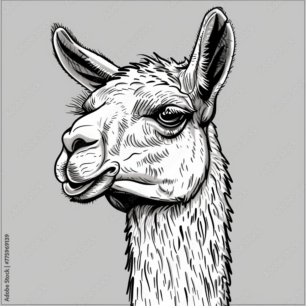 Naklejka premium Close-up black and white illustration of a llama's face with detailed fur texture and expressive eyes.