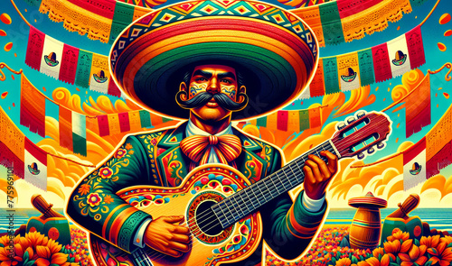 Mexican Men with Guitar Themed Cinco de mayo,Generative AI illustration.