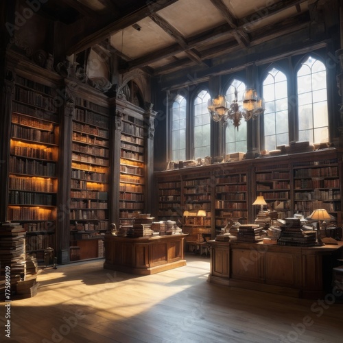 Warm sunlight bathes an antique library, highlighting the rich wooden bookshelves and vintage books, creating a serene scholarly atmosphere © video rost