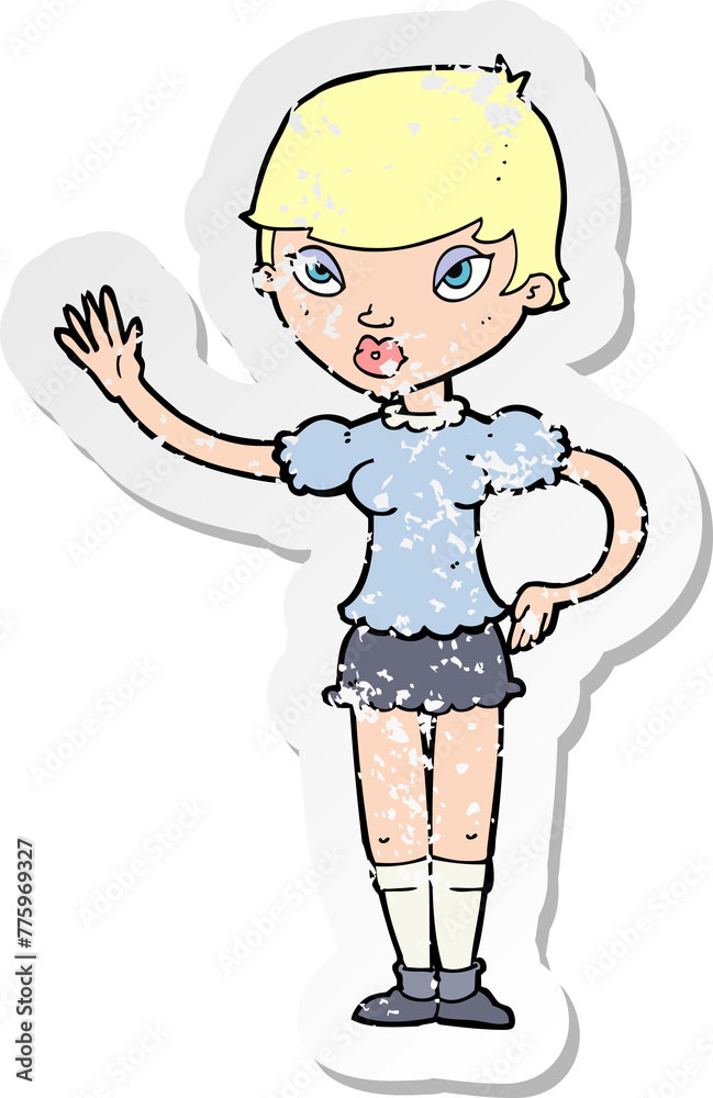 retro distressed sticker of a cartoon woman waving retro distressed sticker of a cartoon woman waving