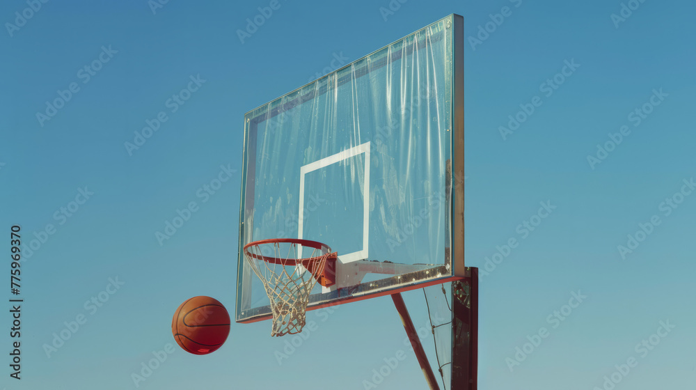 A dynamic shot of a basketball approaching an outdoor hoop under a clear blue sky symbolizing sports and activity A dynamic shot of a basketball approaching an outdoor hoop under a clear blue sky symbolizing sports and activity