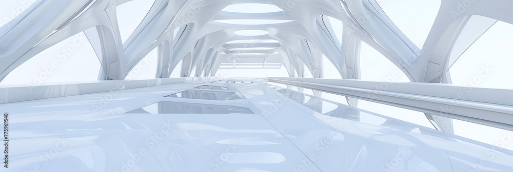 Obraz premium Ein futuristischer weißer Raum mit Glasdachfenstern, Stahlträgern schafft eine geräumige, luftige Atmosphäre.