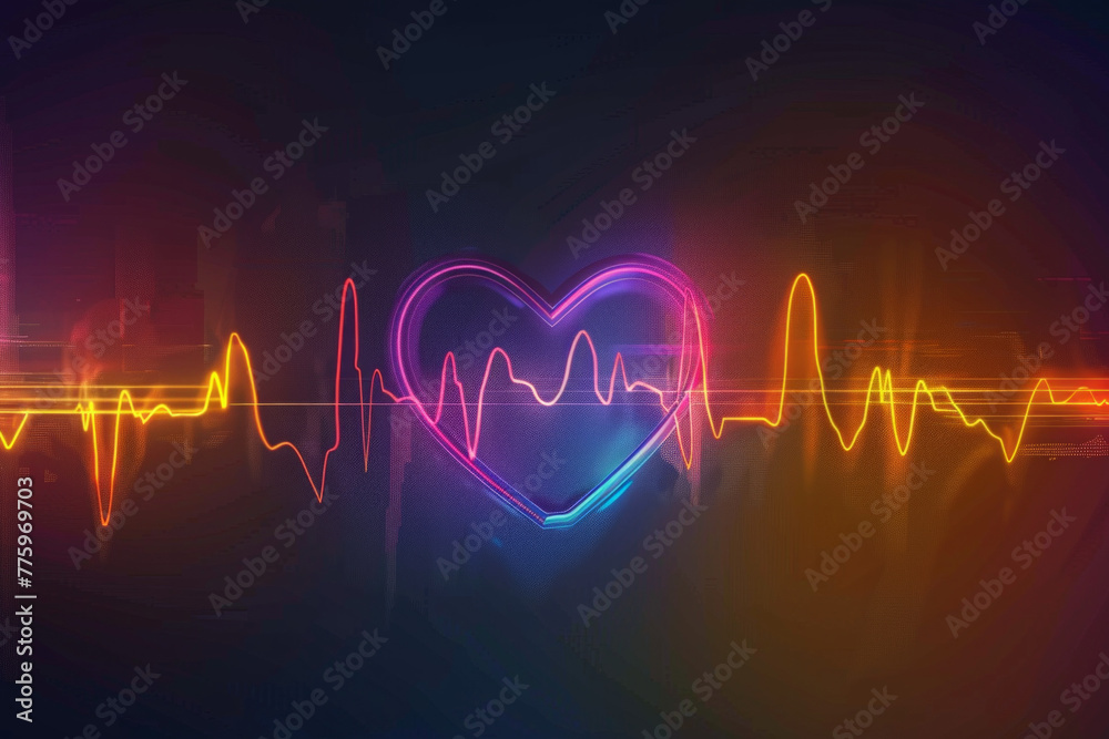 A heartbeat chart with a love symbol, vibrant neon light style A heartbeat chart with a love symbol, vibrant neon light style