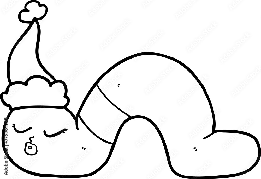 hand drawn line drawing of a worm wearing santa hat hand drawn line drawing of a worm wearing santa hat