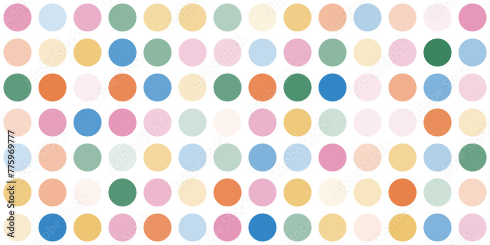 Fun abstract dotted background in rainbow colors. Faded colorful polka dots pattern. Circles confetti on beige background. Retro horizontal backdrop