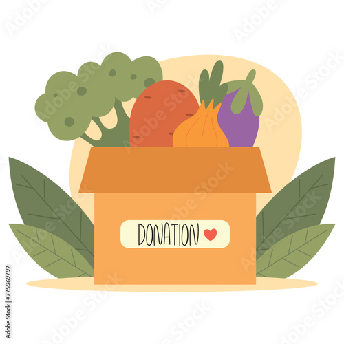 Food donation concept. Cardboard box full of fresh organic vegetables. Bio concept. Flat Vector illustration