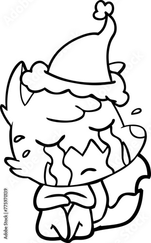 crying fox hand drawn line drawing of a wearing santa hat